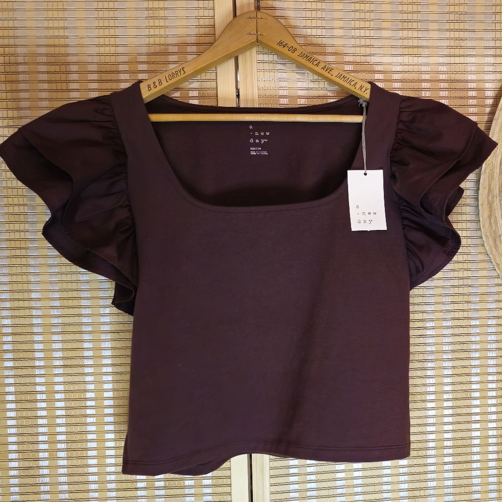 New With Tags FanSleeve/Fluttersleeve Blouse, Square Neckline in Chocolate Brown